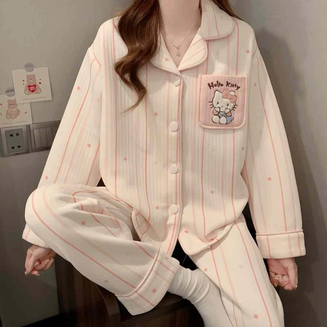 睡衣秋冬款女空气夹层卡通可爱可外穿冬季加棉加厚长袖家居服套装