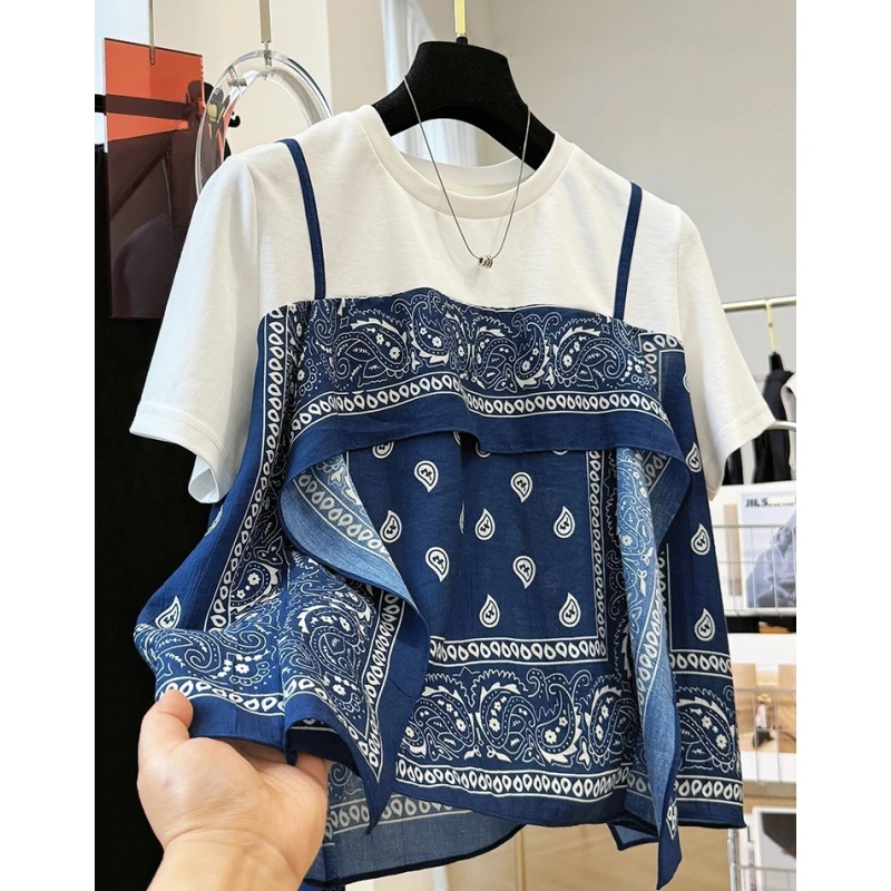 高级感独特漂亮小衫女夏季拼接假两件复古印花短袖T恤超好看上衣