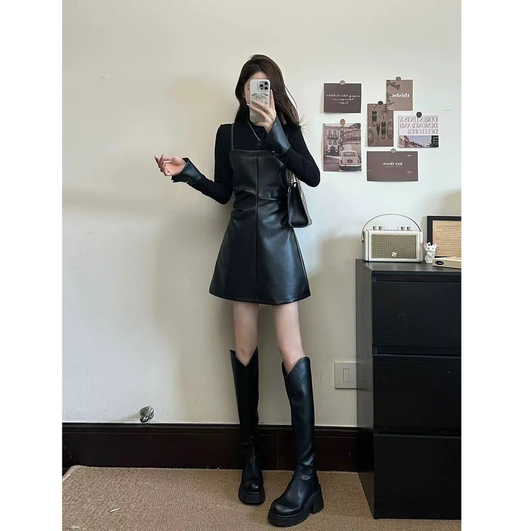 法式假两件辣妹连衣裙春季气质小黑裙遮肚显瘦皮裙子