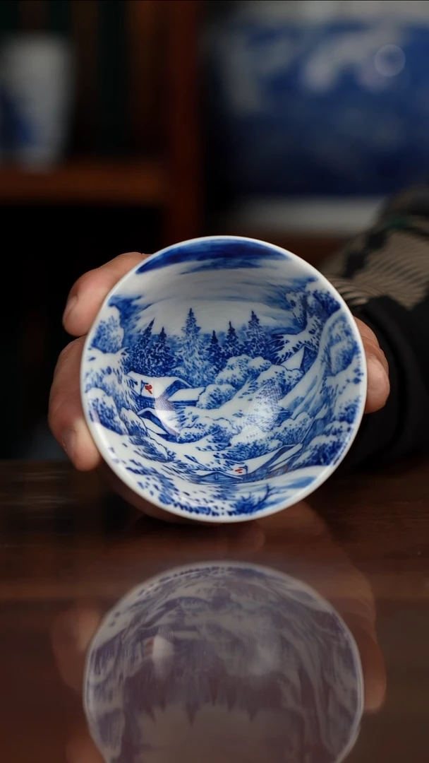 晓月窑青花雪景压手杯
