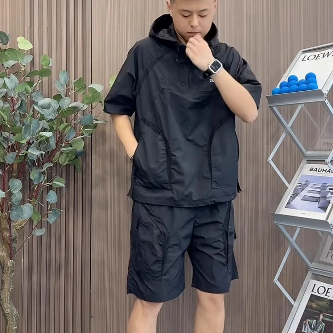 夏季新款男士休闲套装百搭潮流薄款连帽短袖速干宽松短裤运动套装