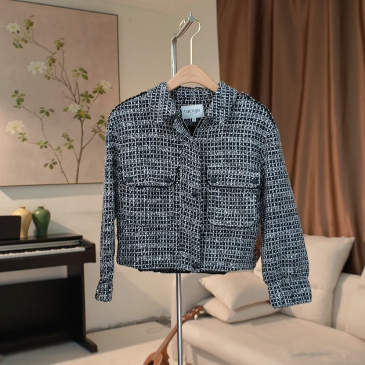 G169 秋冬黑白格纹粗花呢短款外套女 9C26