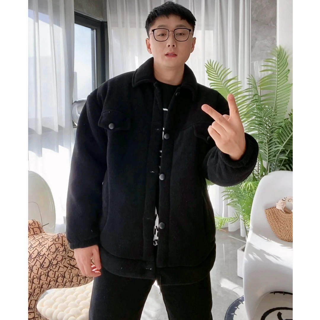 2025男士加绒加厚套装男款休闲双面潮流保暖冬季时尚立领三层加厚