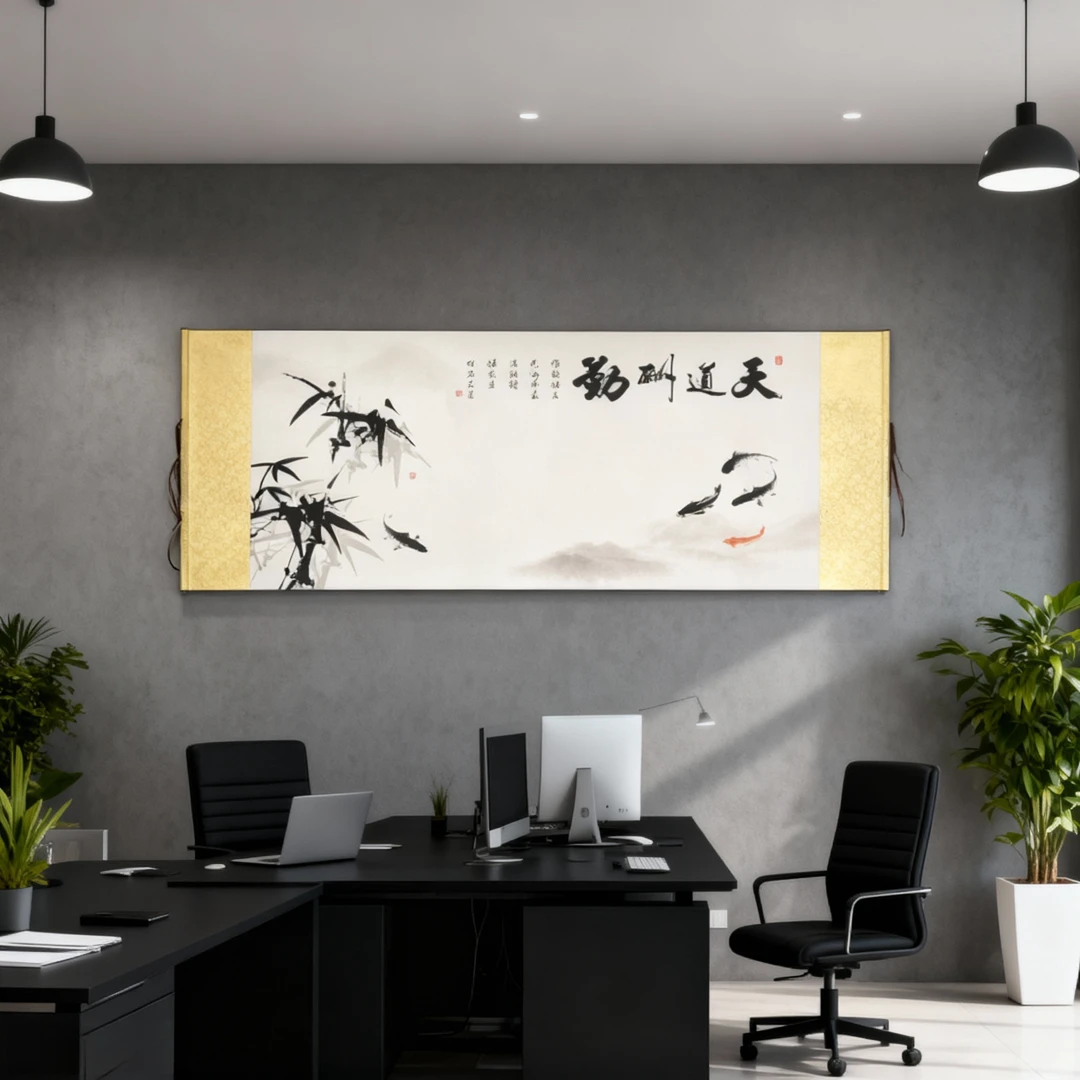 天道酬勤国风山水玄关客厅书法卷轴挂画装饰画