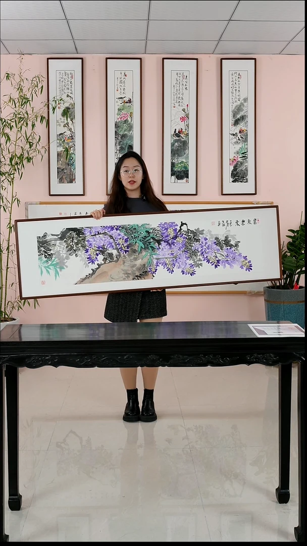 国画汪琼《紫气东来》手绘带框162*47厘米