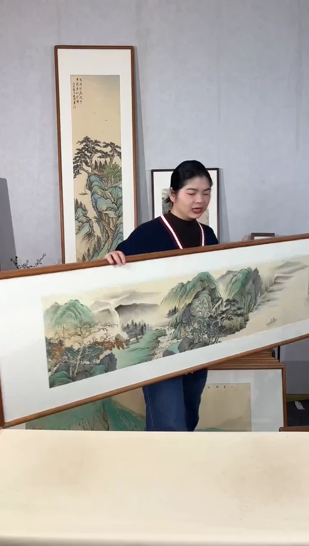 国画手绘*溪山泛隐52*172cm带框发货