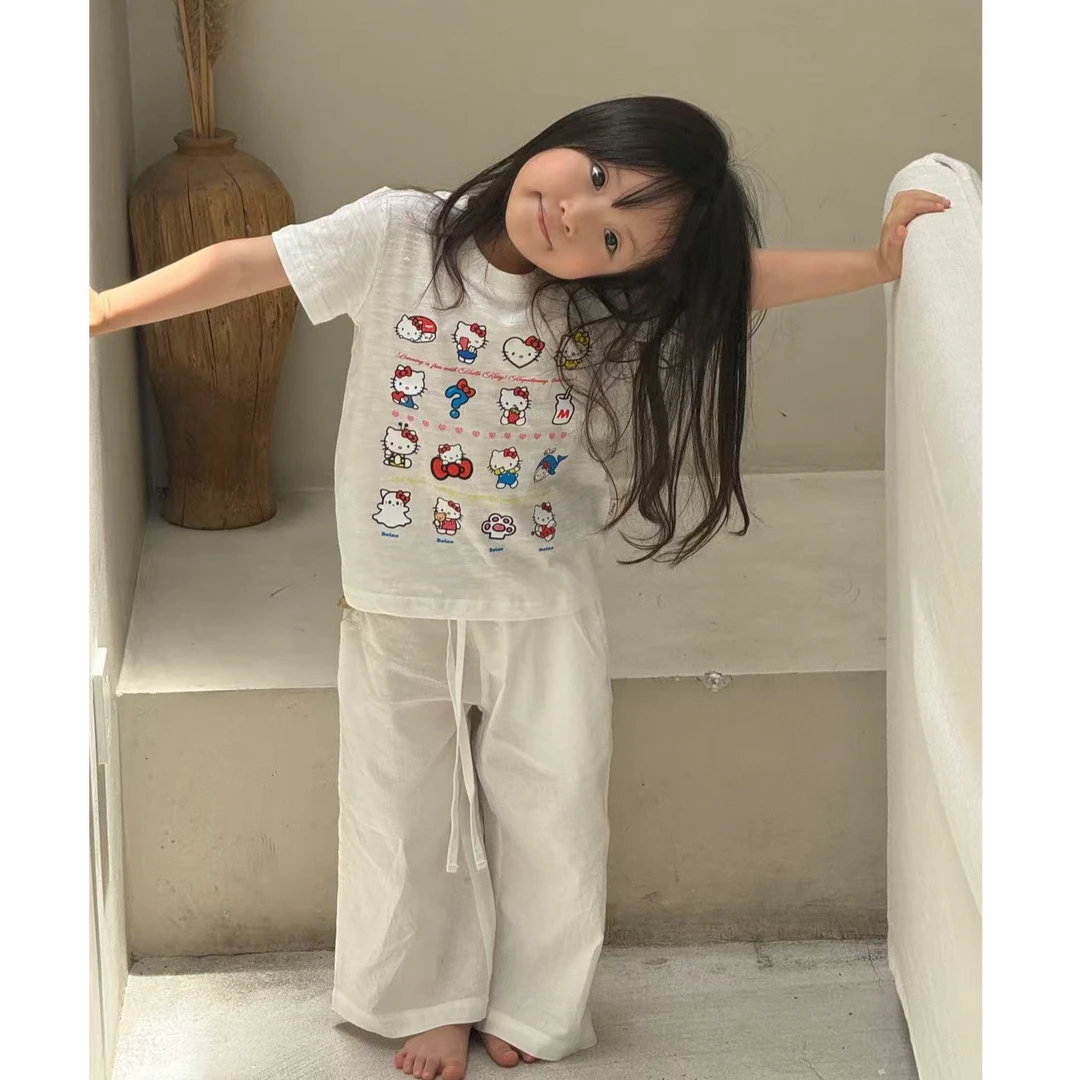现货】壹妈韩版童装女童夏季套装洋气儿童kt猫短袖T恤白色直筒裤潮