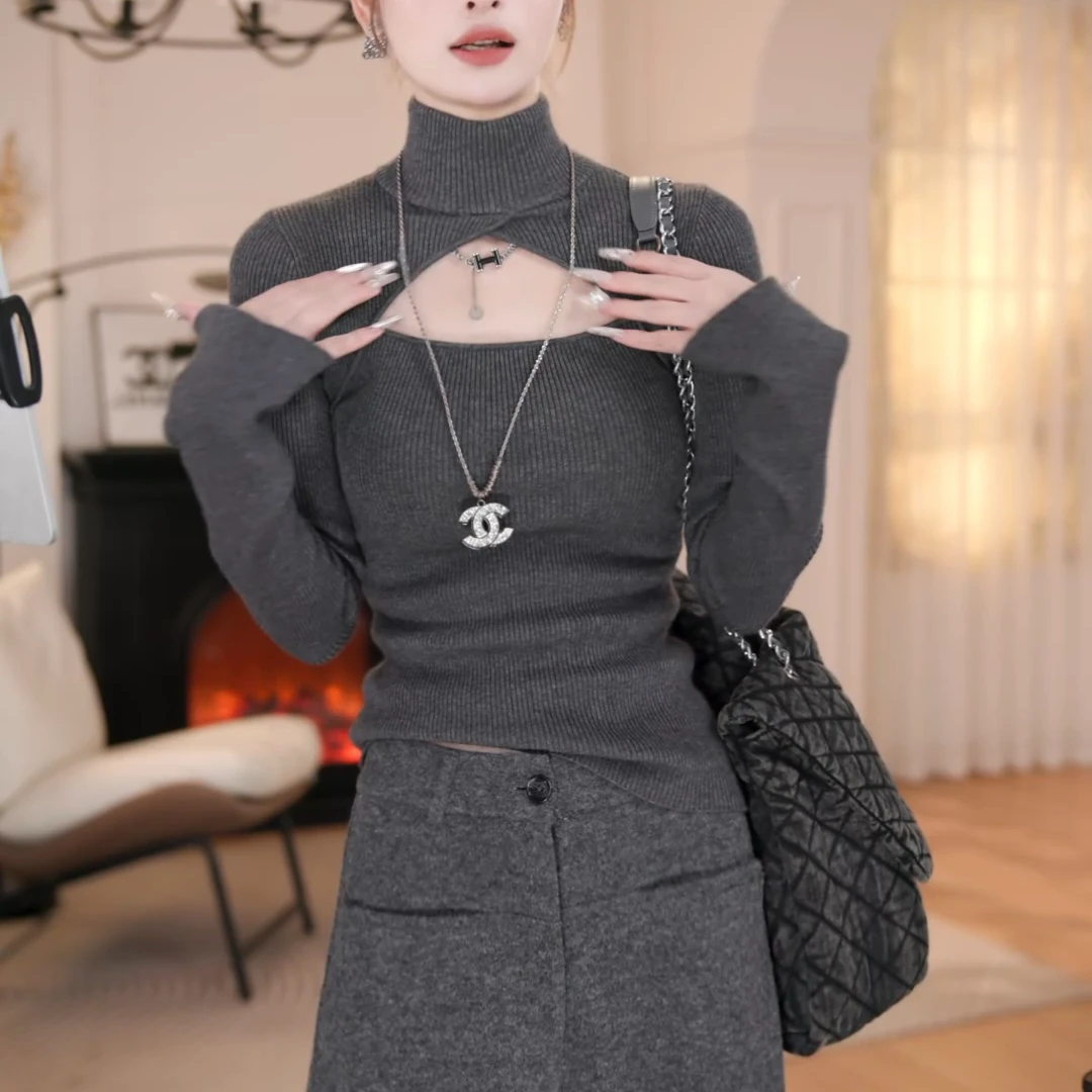 2025新款厚针织衫显瘦修身打底衫镂空设计简约百搭上衣LK2508240