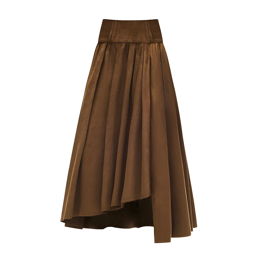 复古咖绿麂皮绒加宽腰头半身裙冬季重工立体压褶斜摆不规则长裙