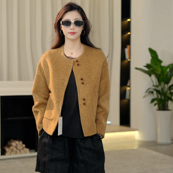 【Sia Yang专属】秀色楚楚新款木头圆扣短款双面羊毛大衣外套Z1112