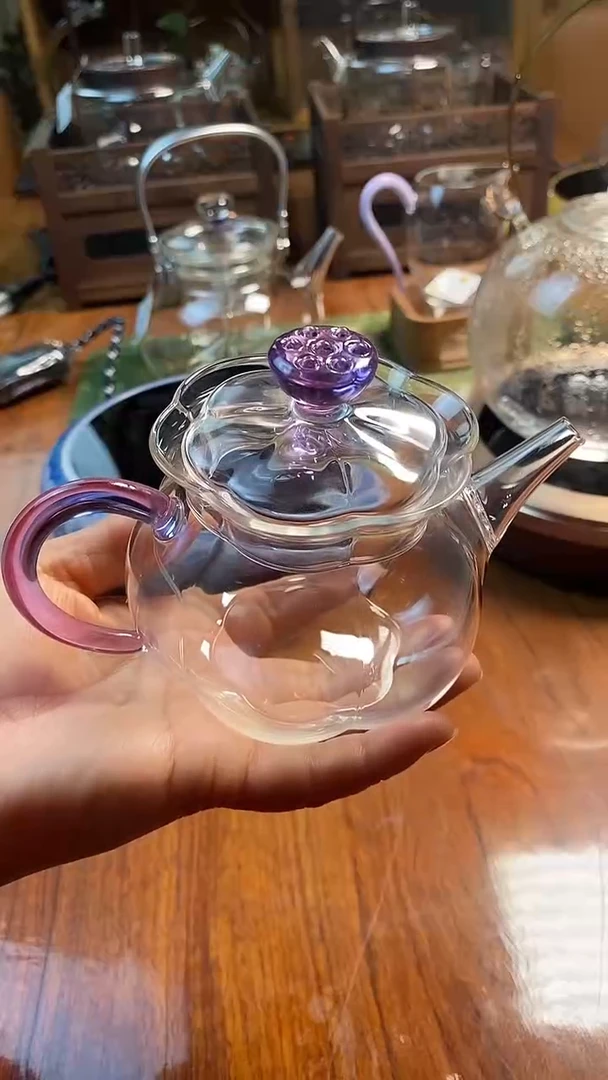 高硼硅玻璃手柄款紫色莲蓬小壶