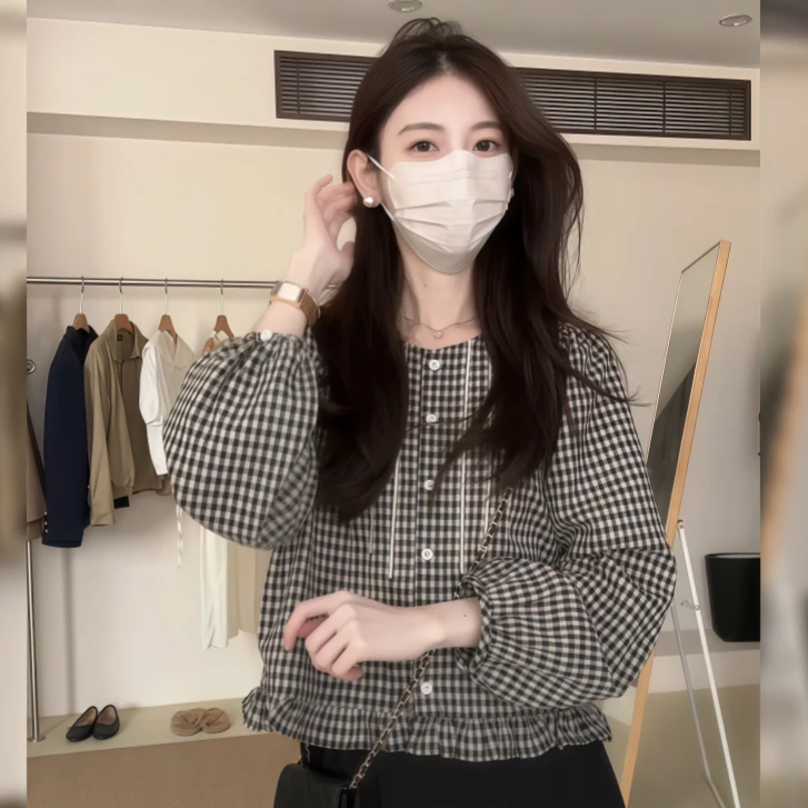 卡莲格/法式复古甜美减龄木耳边格子衬衫女秋季独特漂亮别致上衣