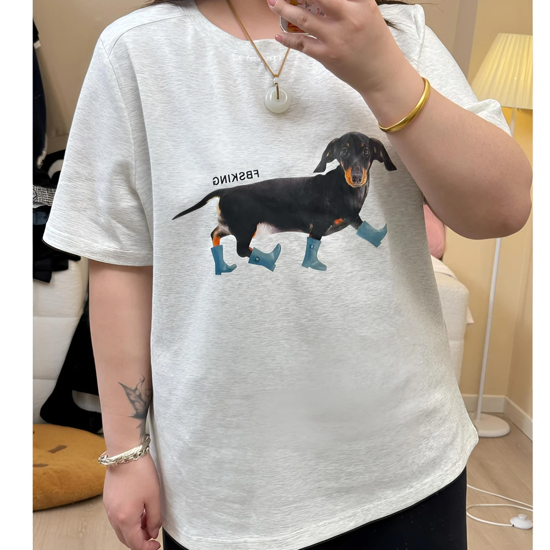 夏季新款韩版潮流小狗印花正肩显瘦宽松时尚花灰色大码女装305