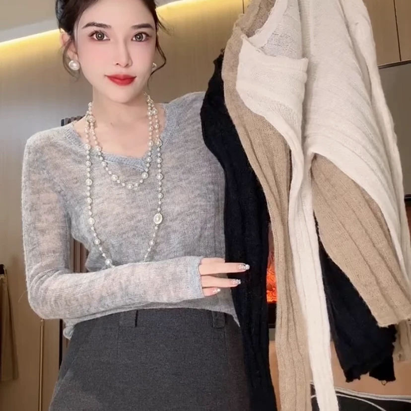 慵懒风v领麻花针织衫女2025秋冬新款修身显瘦百搭打底衫上衣