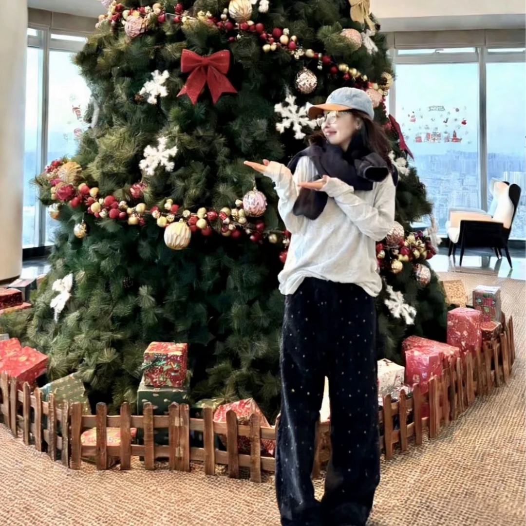 XIAO-Q彩色爱心刺绣秋冬纹理抽绳直筒休闲阔腿裤黑色百搭时尚