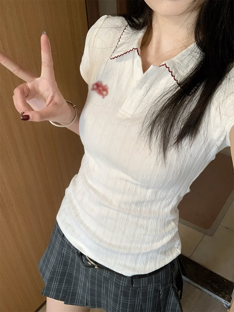 韩系正肩白色翻领短袖t恤女夏季气质独特漂亮修身显瘦polo衫上衣