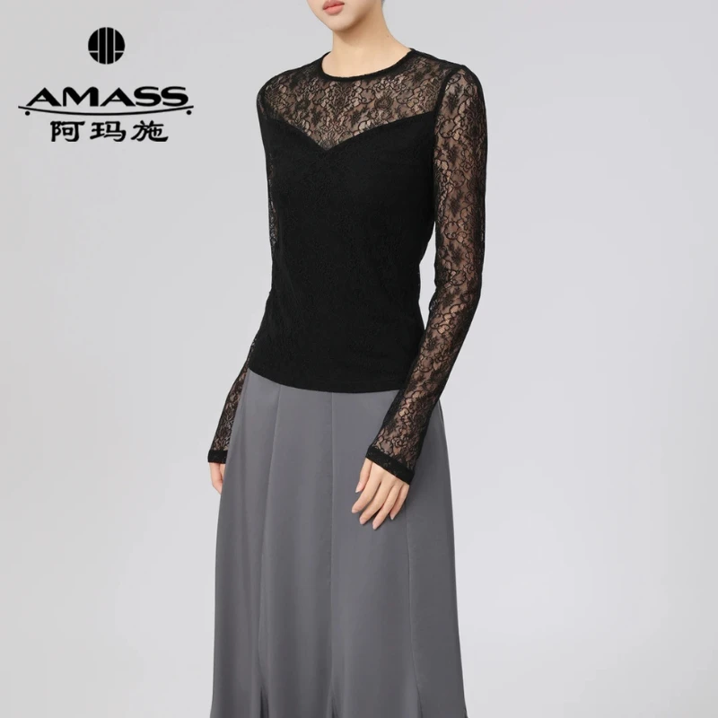 阿玛施 新款蕾丝优雅气质圆领打底衫时尚性感镂空设计上衣530002