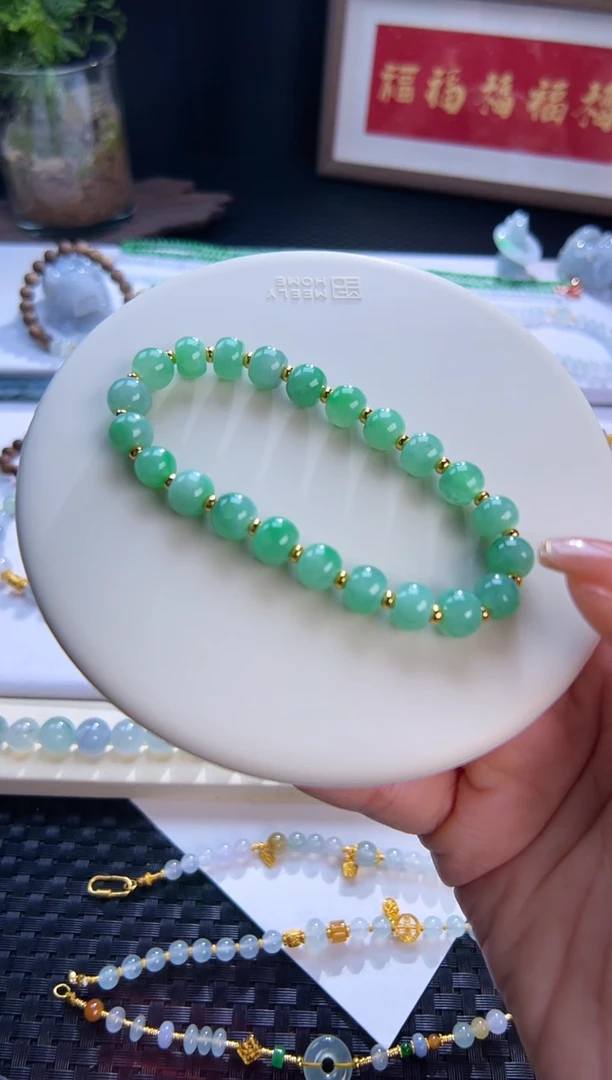 足金镶嵌手串翡翠靜*天然翡翠A货缅料果绿设计款