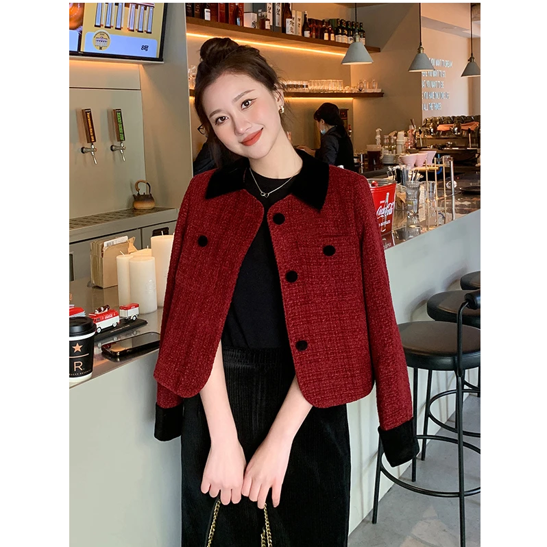 【现货＋运险】法式小香风外套2025秋冬气质名媛红色时尚毛呢小个子