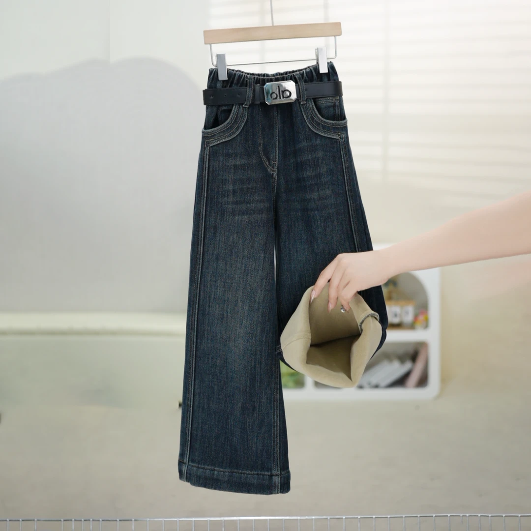 【有弹性，高品质】女童牛仔裤加绒一体绒秋冬新款中大童宽松休闲