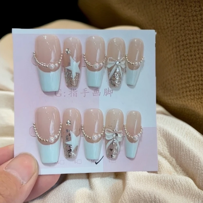 手工爆闪白色穿戴式穿戴甲美甲成品显白蓝色裸色夏季夏日指甲贴