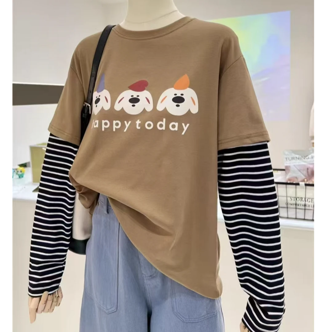 韩系减龄个性假两件设计条纹长袖t恤2025新款小狗字母印花打底衫