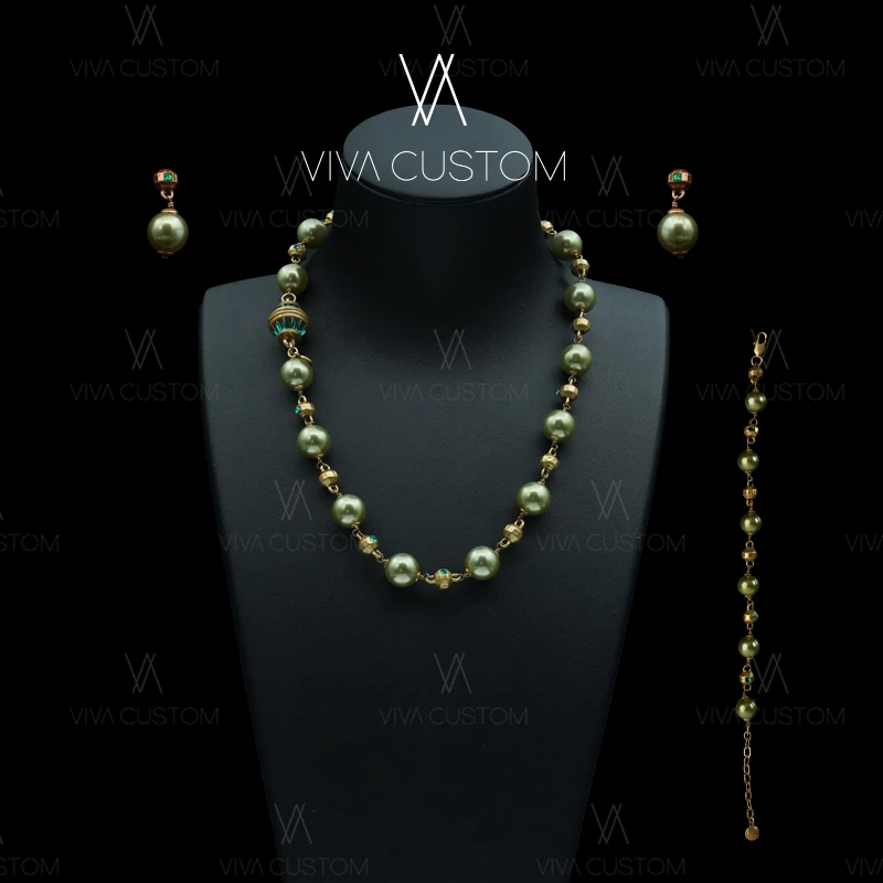 铜合金仿珍珠耳饰 珠华旧梦系列 古典复古金缀绿珠套装