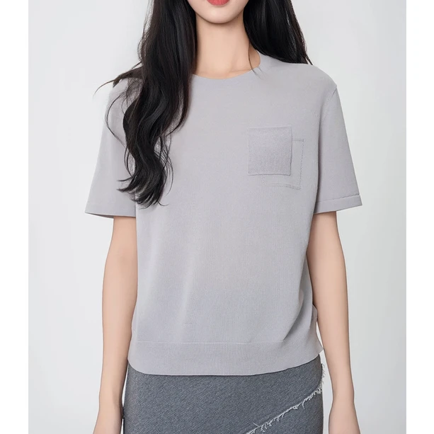 AMASS/阿玛施春夏新款气质格雷系时尚圆领薄款短袖针织T恤 538010