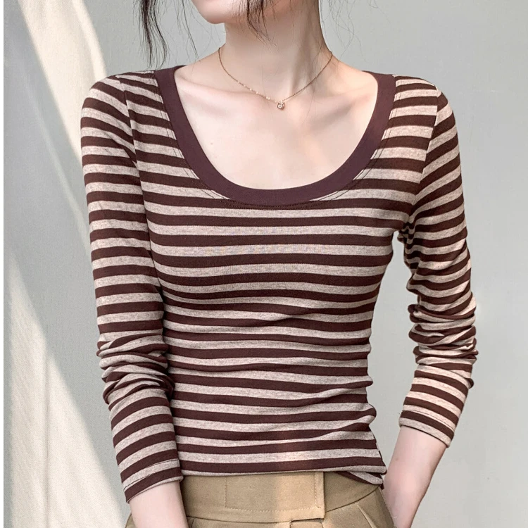 条纹长袖T恤2025秋季新款修身内搭打底衫正肩修身打底衫双十一