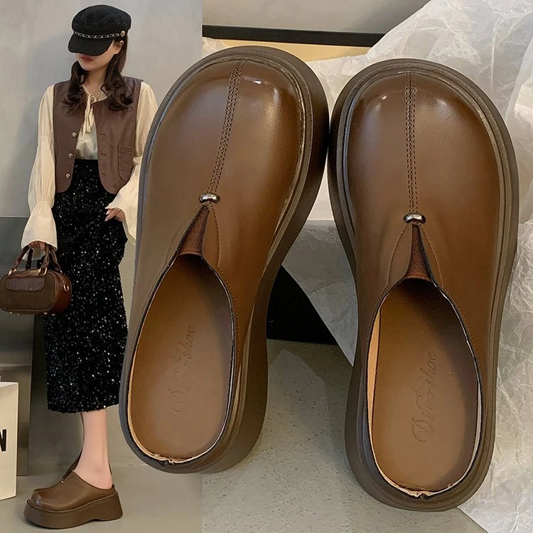 啄木鸟包头拖女2025春季新款潮流时尚小个子厚底增高复古半拖鞋春