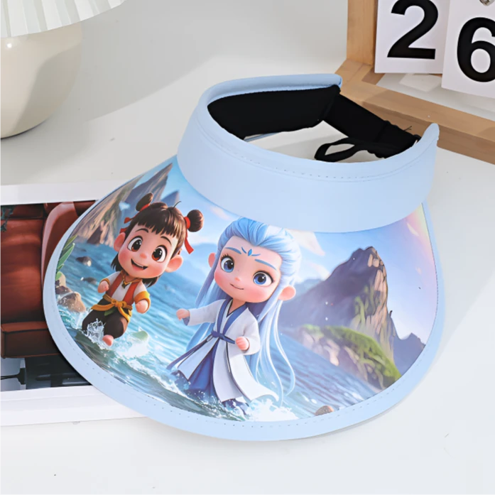 新款哪吒敖丙大帽檐卡通儿童帽夏季户外防晒遮阳男女童空顶太阳帽