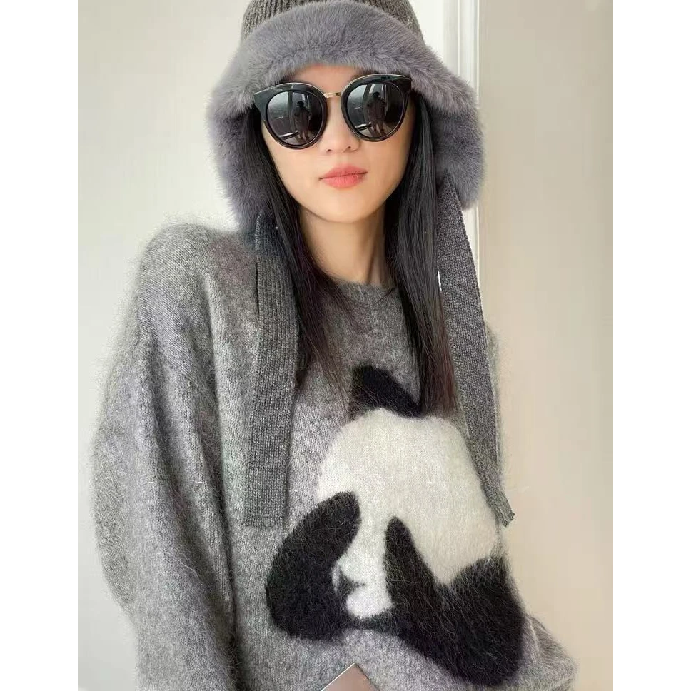 拉毛系列丨山羊绒+羊毛宽松保暖熊猫提花圆领加厚秋冬针织衫外套