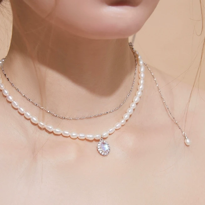 铜合金仿珍珠项链 奶蓝项链女轻奢双层吊坠气质高级感锁骨链