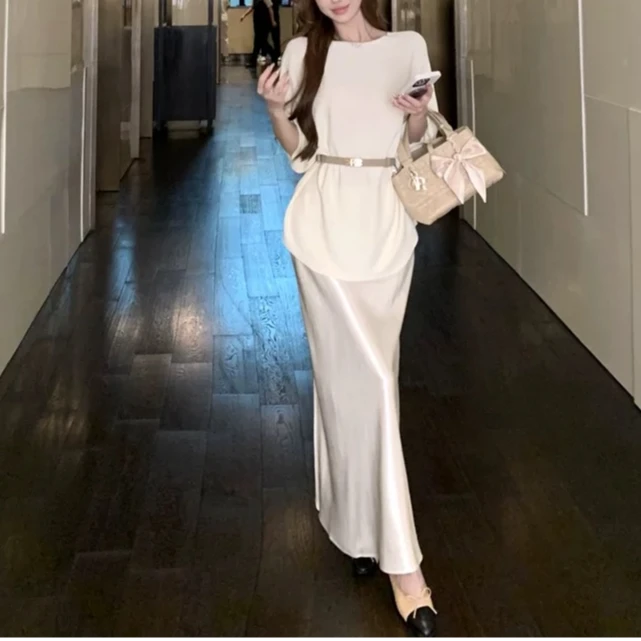 【大脸】老钱风夏季套装上衣仿缎面半身裙两件套（99618裙/99619衣)