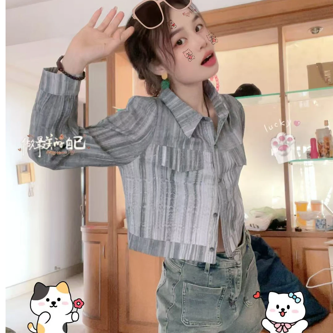 夏季韩版气质时尚方领泡泡袖蝴蝶结格子短袖衬衫短款上衣百搭