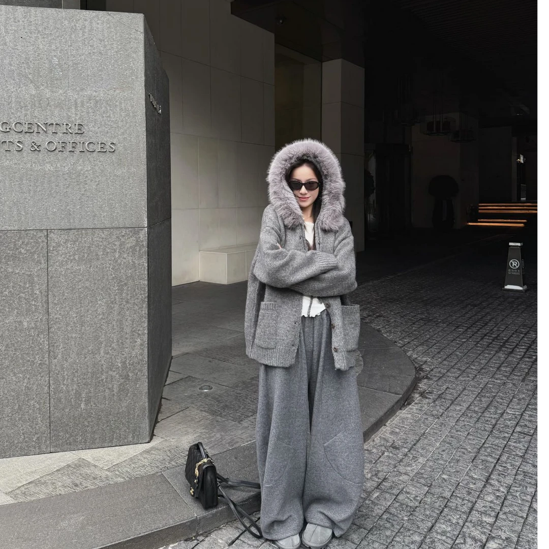 温柔甜美大毛领毛衣外套女秋冬季新款宽松慵懒风连帽拉链针织开衫