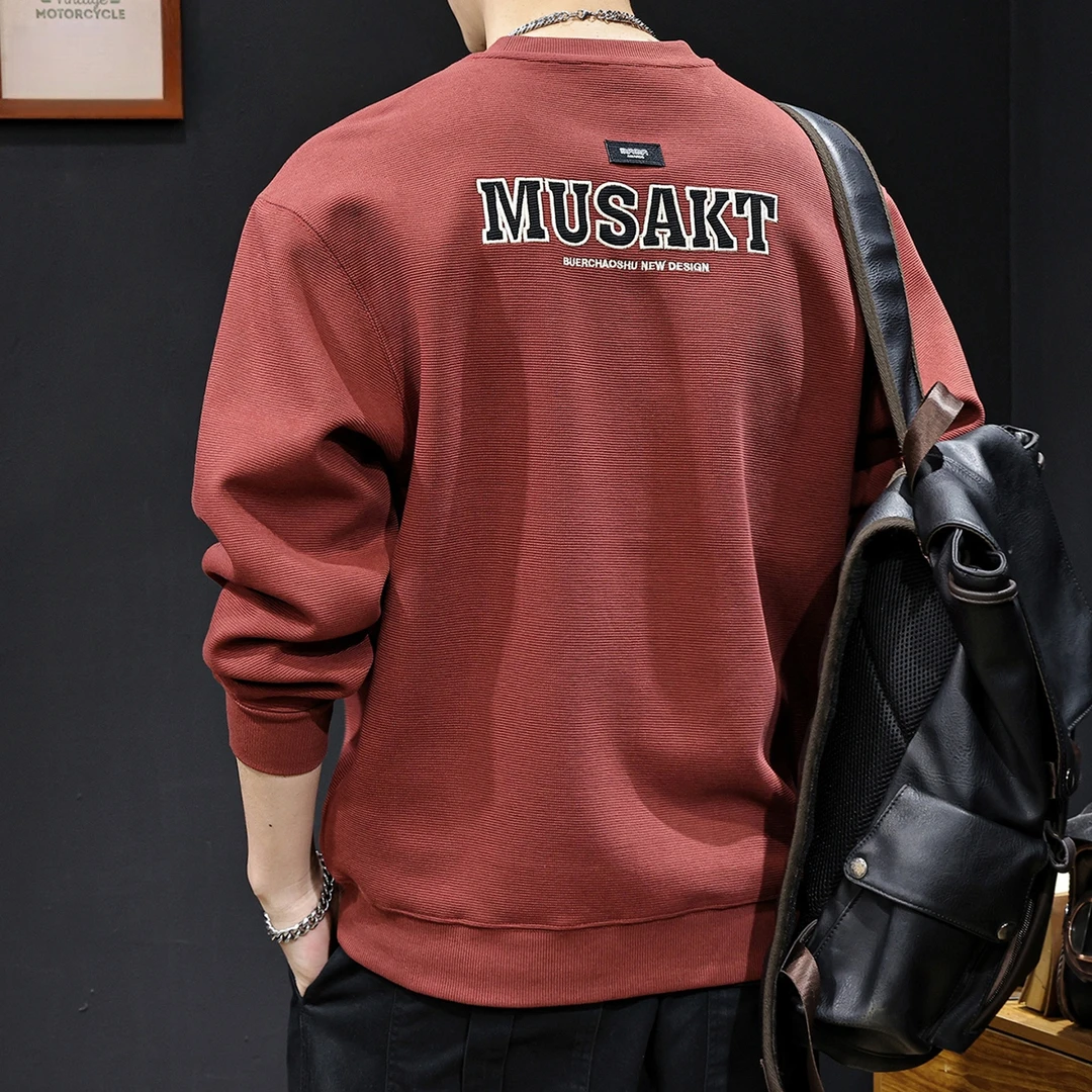 轻奢潮牌纹理感绣花男士加绒卫衣秋季2025新款大码休闲长袖砖红色