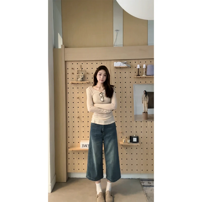 摩登七分牛仔/加长夏季蓝色阔腿宽松七分牛仔裤女 SU210