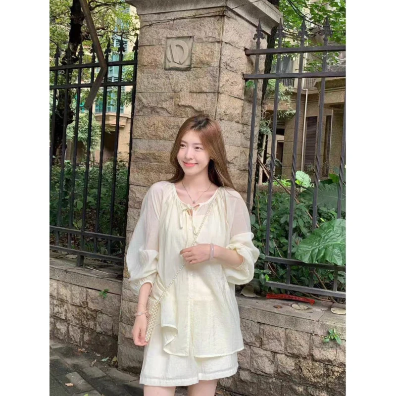 X14828-松弛感系带圆领防晒上衣百搭高腰短裤轻薄舒适三件套装