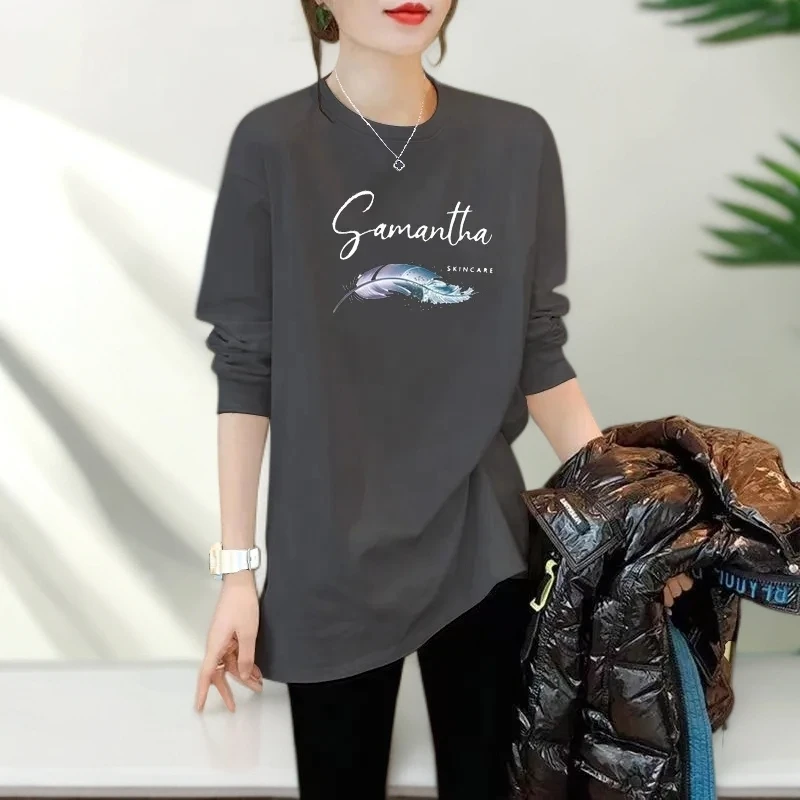 2024年春季新款纯棉长袖t恤女宽松内搭胖mm显瘦打底衫上衣中长款