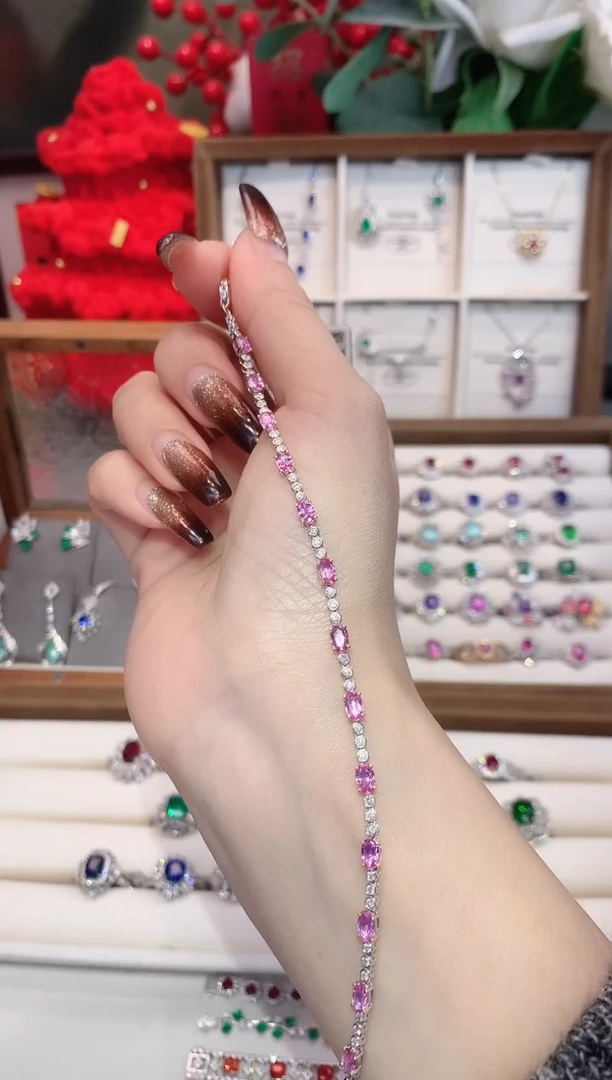 手链彩色蓝宝石18K金镶嵌3.46ct/天然宝石/七天无理由
