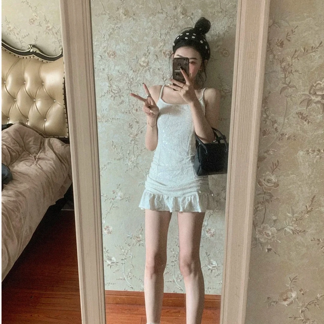 法式气质修身显瘦吊带连衣裙无袖荷叶边包臀短款裙子蕾丝小个子