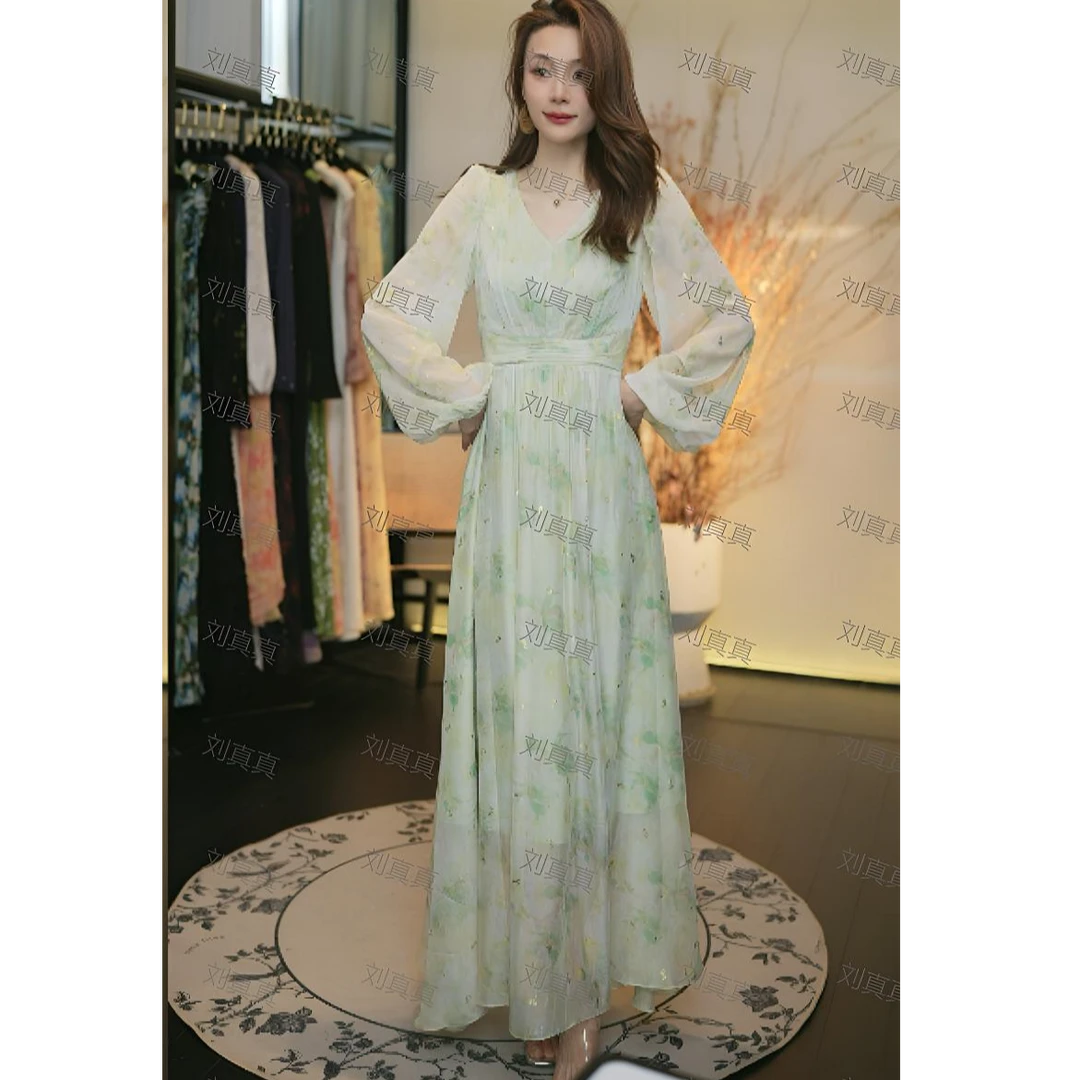【刘真真春日秘境】Z327小众法式长裙碎花国风长袖气质连衣裙QC