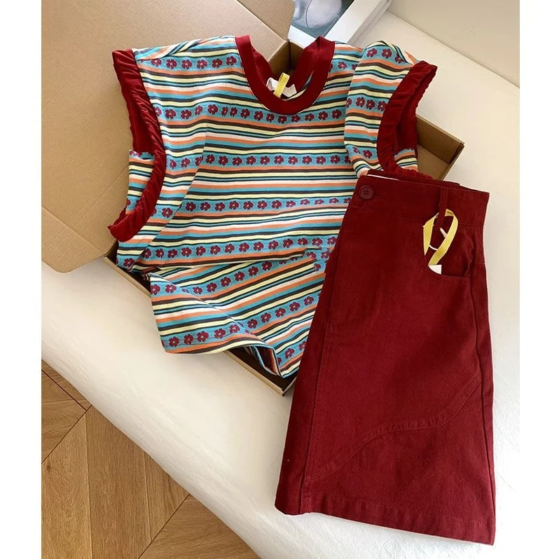 夏季温柔系穿搭女2025新款韩版潮流印花短袖显瘦简约半身裙两件套