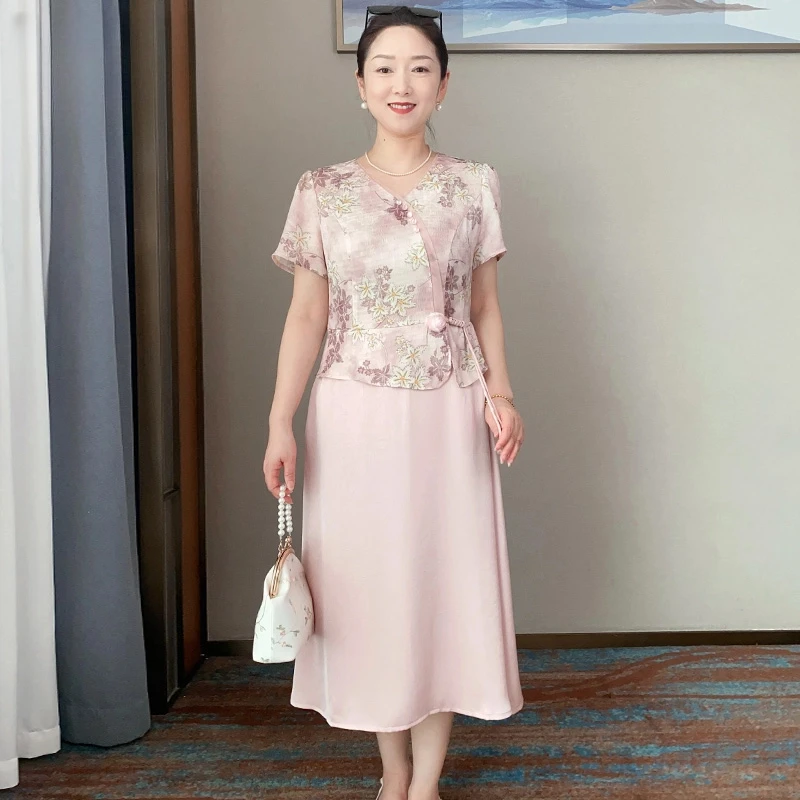 新品推荐妈妈装新中式假两件连衣裙夏季新款中年女短袖提花长裙子