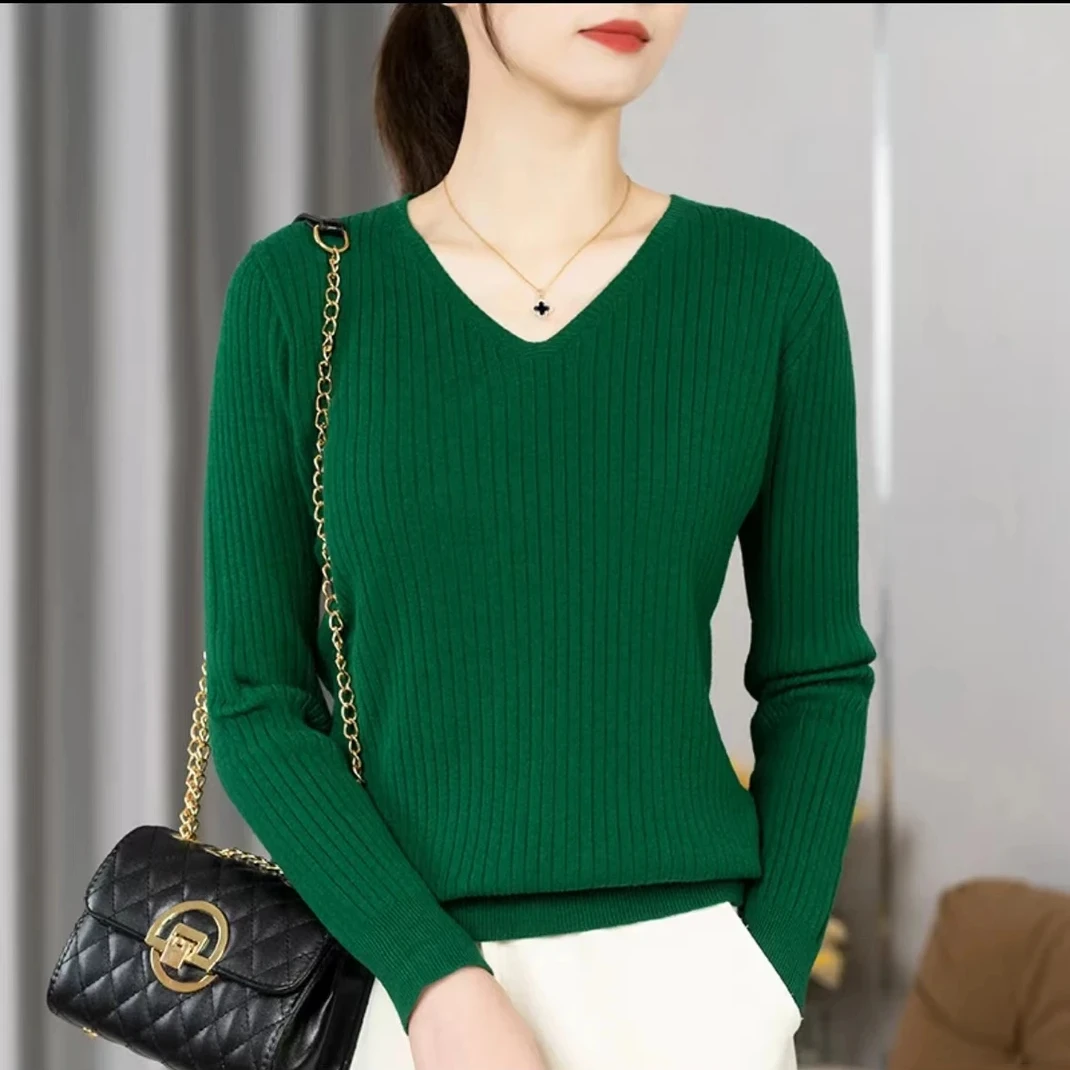 【宠粉福利】精纺毛衫新款V领抽条气质显瘦针织女毛衣百搭打底上衣