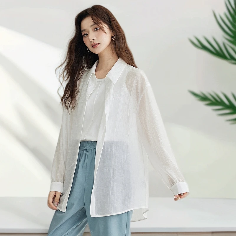 茵曼莱赛尔欧若风薄款遮阳衫衬衣女夏季气质开叉高级感舒适衬衫