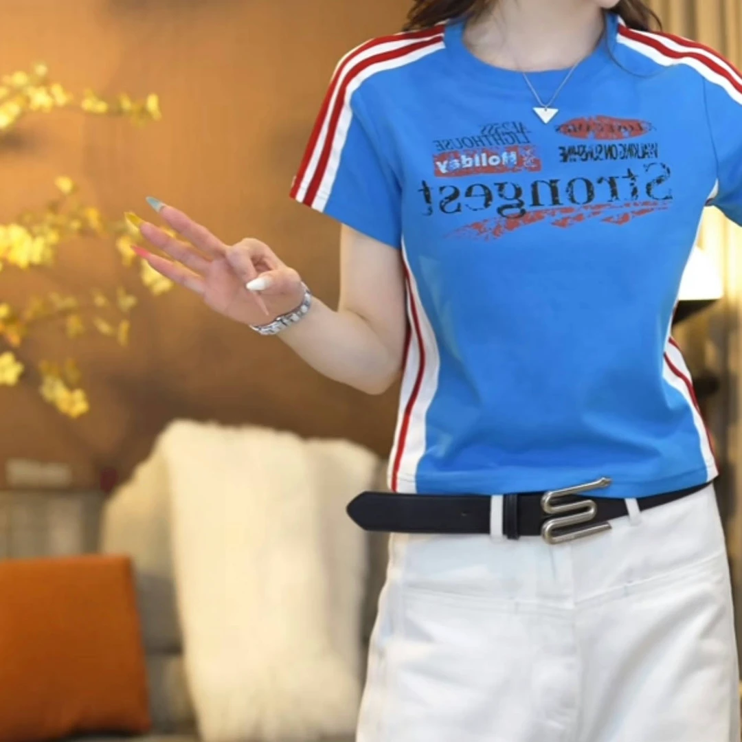 美式撞色字母印花落肩袖短袖T恤女2025新款春夏设计师款圆领上衣