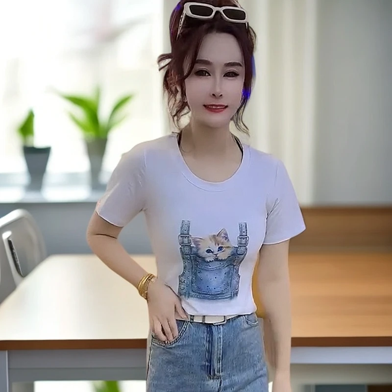 夏季新款印花背带猫半袖短款白色气质显瘦2519女装圆领小众设计感