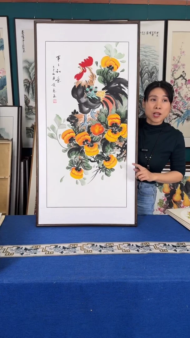 国画柿柿如意实木装裱60*120